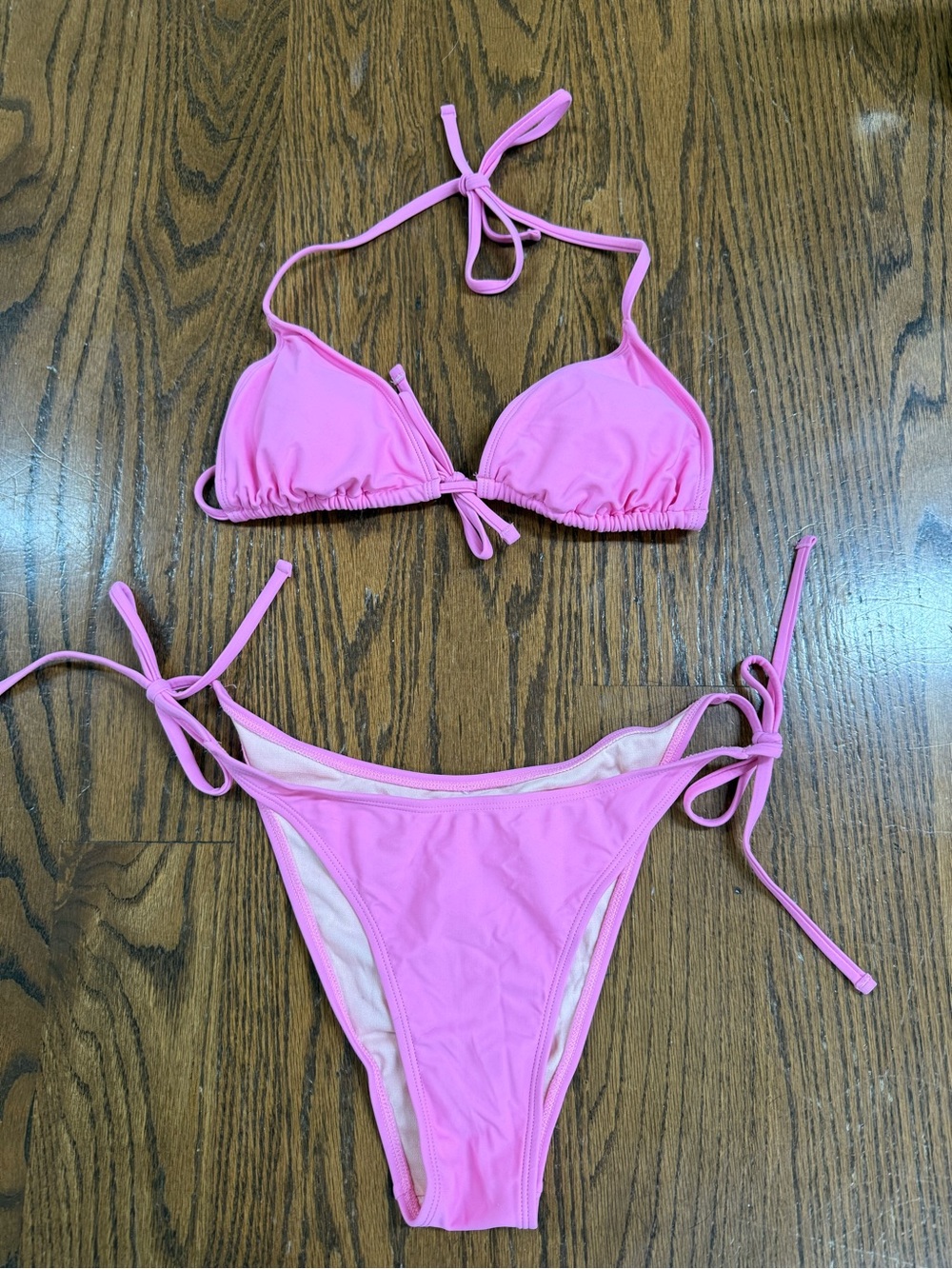 SHEIN Pink Tie-String Cheeky Triangle Bikini Set